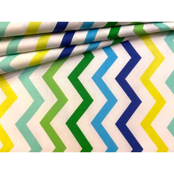 Tela de algodón - Zigzag verde, amarillo y azul