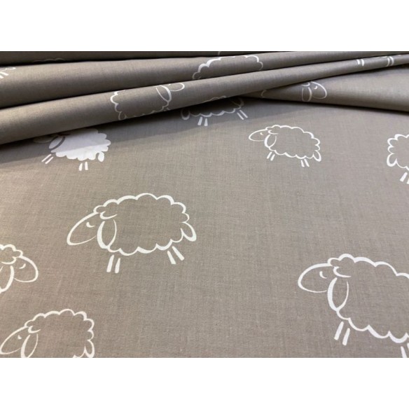 Tela de algodón - Ovejas blancas sobre fondo gris