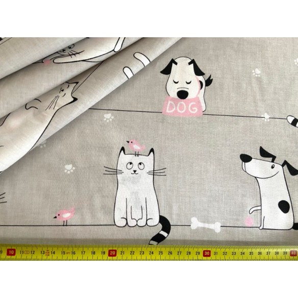 Tela de algodón - Gatos y perros en fila