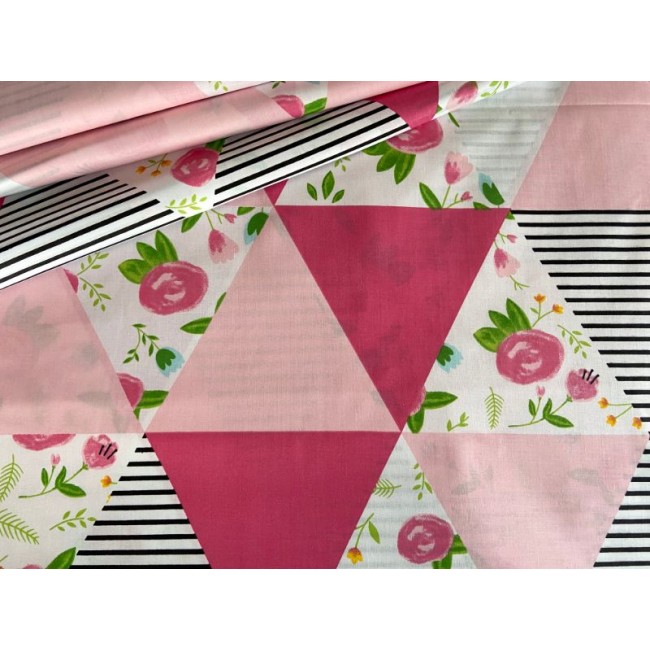 Tela de algodón - Patchwork Triángulos y flores Rosa