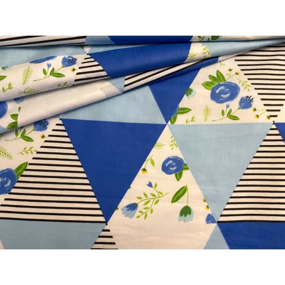 Tela de algodón - Patchwork Triángulos y flores Azul