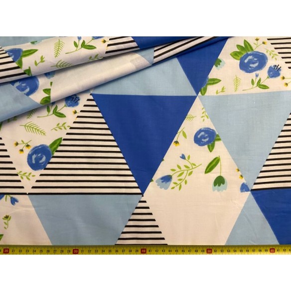 Tela de algodón - Patchwork Triángulos y flores Azul