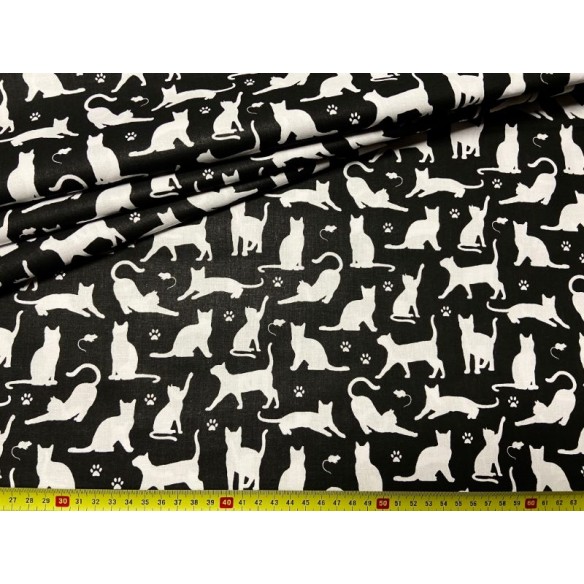 Tela de algodón - Gatos y patas en negro