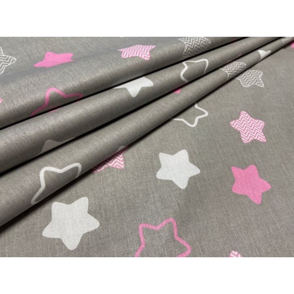 Tela de algodón - Estrellas con zigzag rosa sobre gris