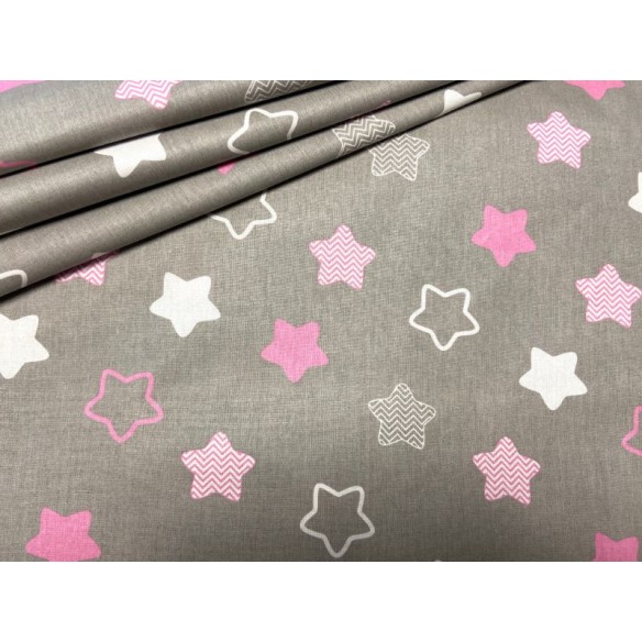 Tela de algodón - Estrellas con zigzag rosa sobre gris