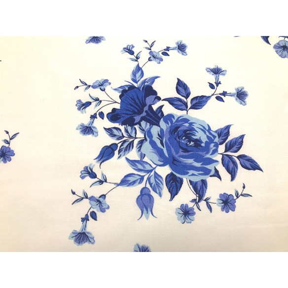 Tela de algodón - Rosas azules sobre blanco