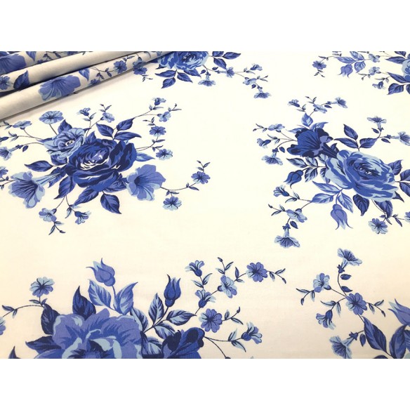 Tela de algodón - Rosas azules sobre blanco
