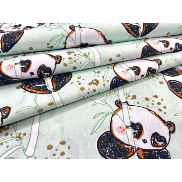 Tela de algodón - Pandas con bambú sobre menta