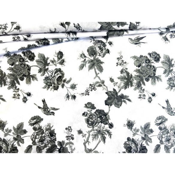 Tela de algodón - Flores grises y gorrión