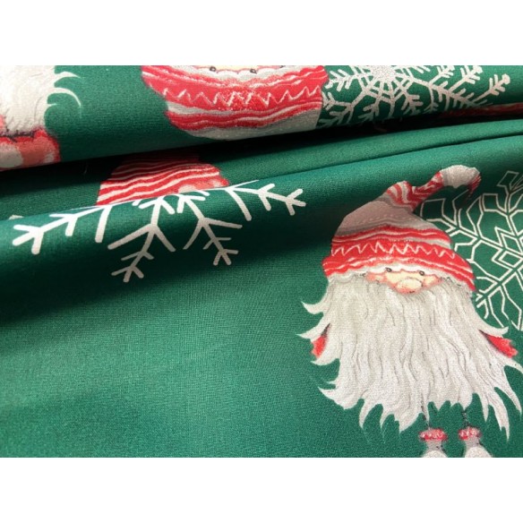 Tela de algodón - Papá Noel navideño y copos de nieve en verde