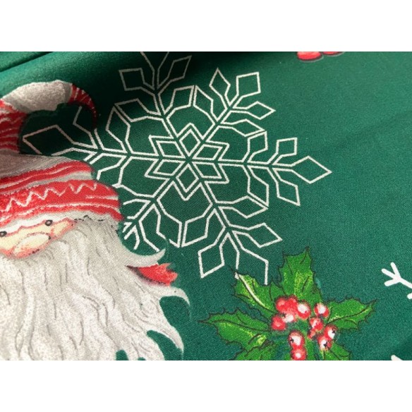 Tela de algodón - Papá Noel navideño y copos de nieve en verde