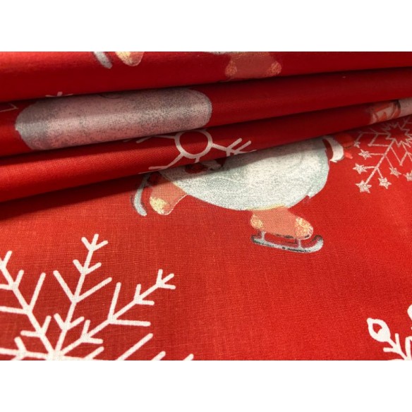 Tela de algodón - Gnomos navideños y copos de nieve en rojo