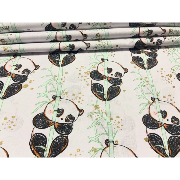 Tela de algodón - Pandas con bambú sobre blanco