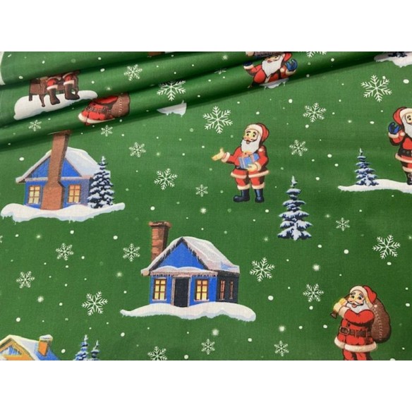 Tela de algodón - Navidad Santa Claus Cottages Green