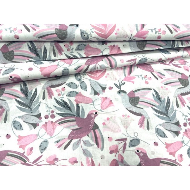 Tela de algodón - Flores y colibrí Rosa pastel