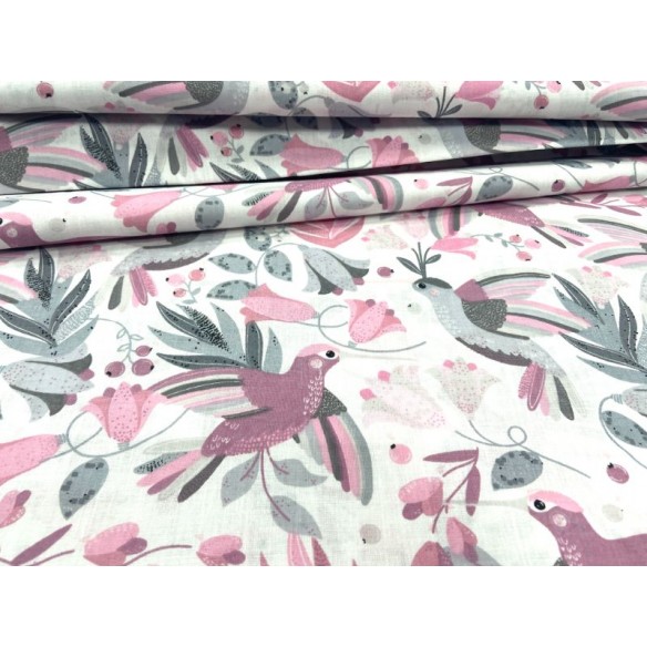 Tela de algodón - Flores y colibrí Rosa pastel