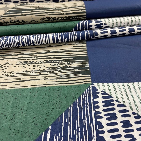 Tela de algodón - Triángulos Patchwork Verde-Azul