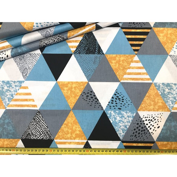 Tela de algodón - Triángulos azul gris y amarillo