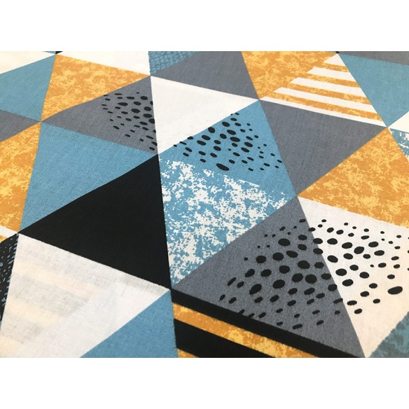 Tela de algodón - Triángulos azul gris y amarillo