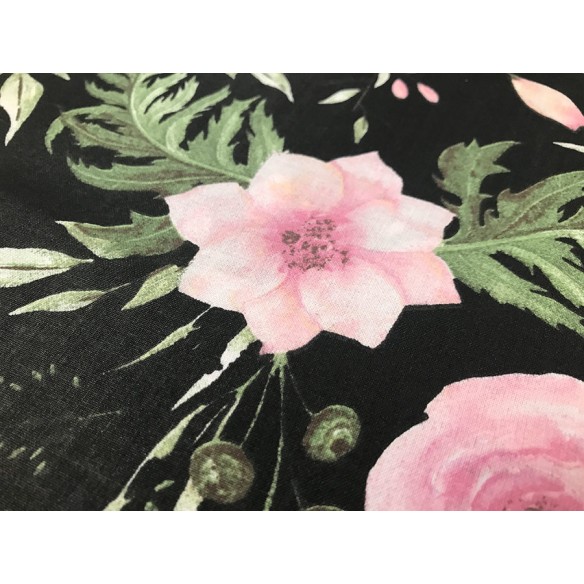 Tela de algodón - Rosas en el jardín negro