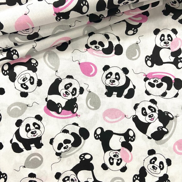 Tela de algodón - Pandas con globos rosa grisáceo