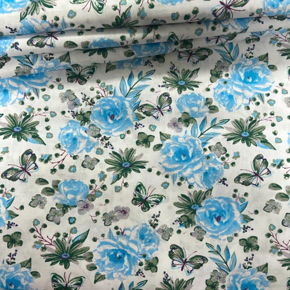 Tela de algodón - Mini flores, rosas, mariposas, azul