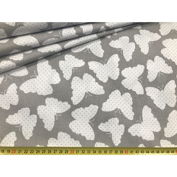 Tela de algodón - Mariposas blancas sobre gris