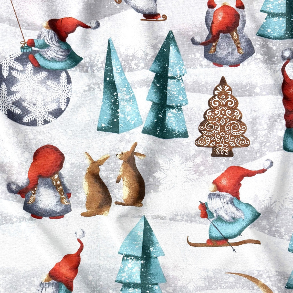 Tela de algodón - gnomos y árboles de Navidad II