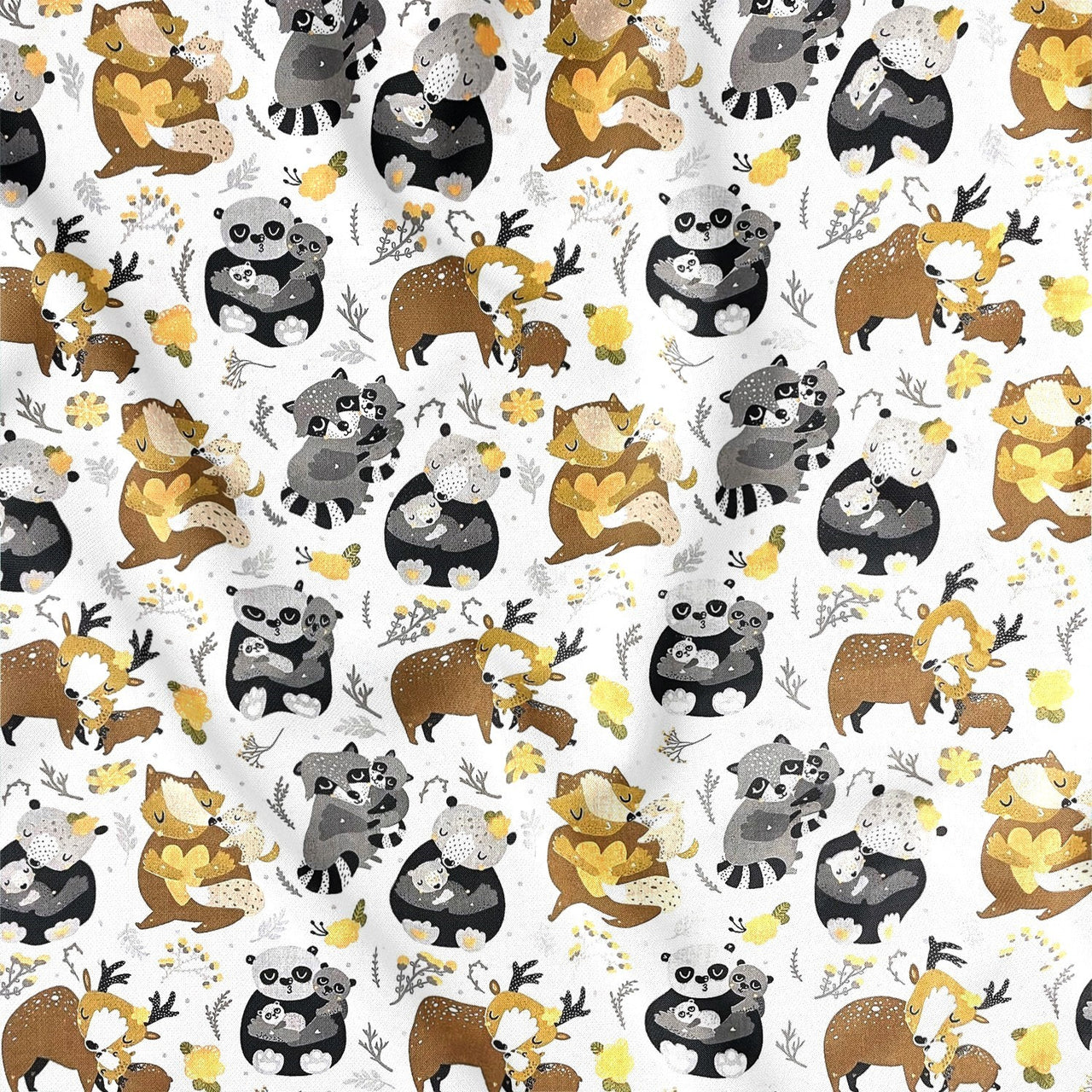 Cotton Fabric - Animals Raccoons in the Forest