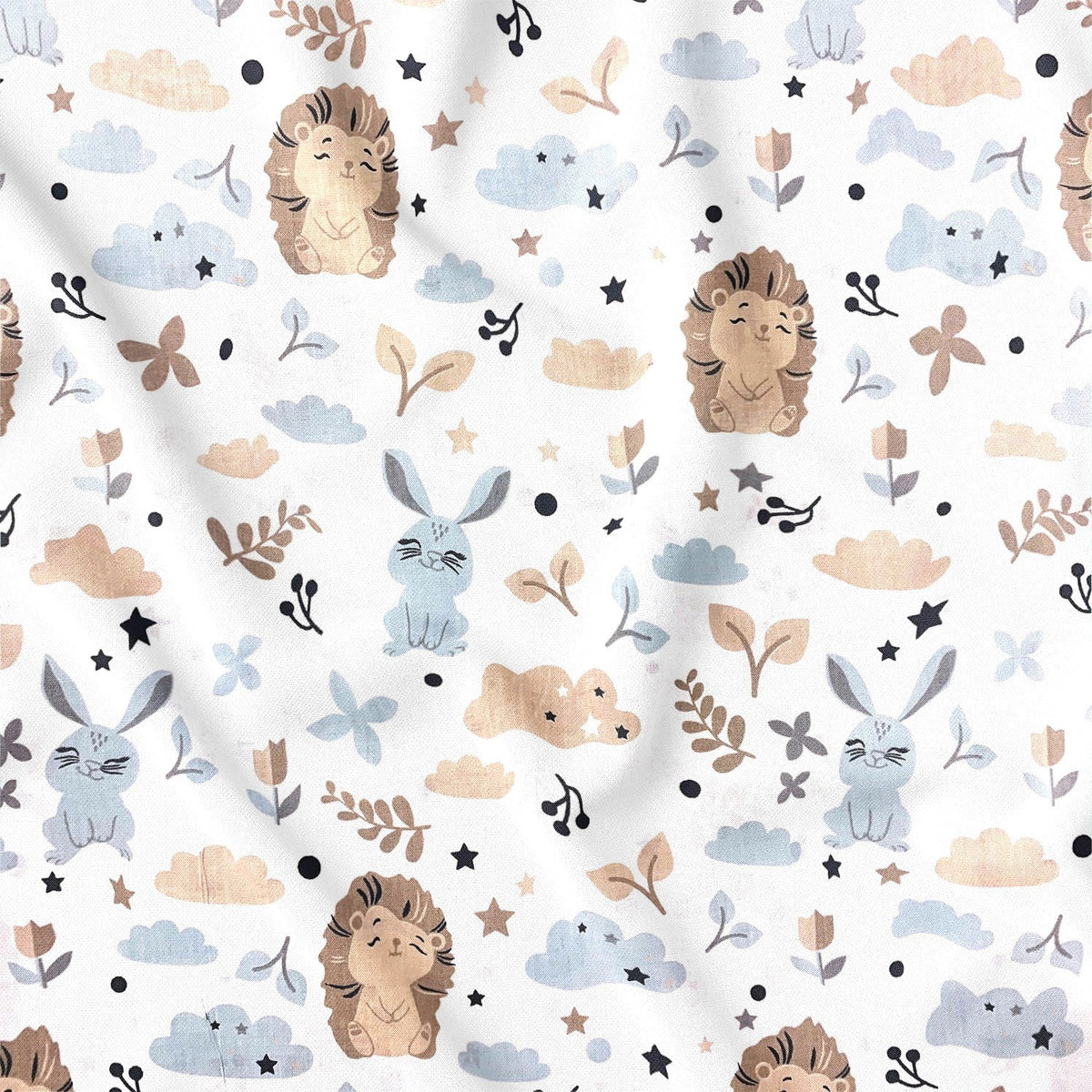 Cotton Fabric - Beige Hedgehogs and Blue Bunnies