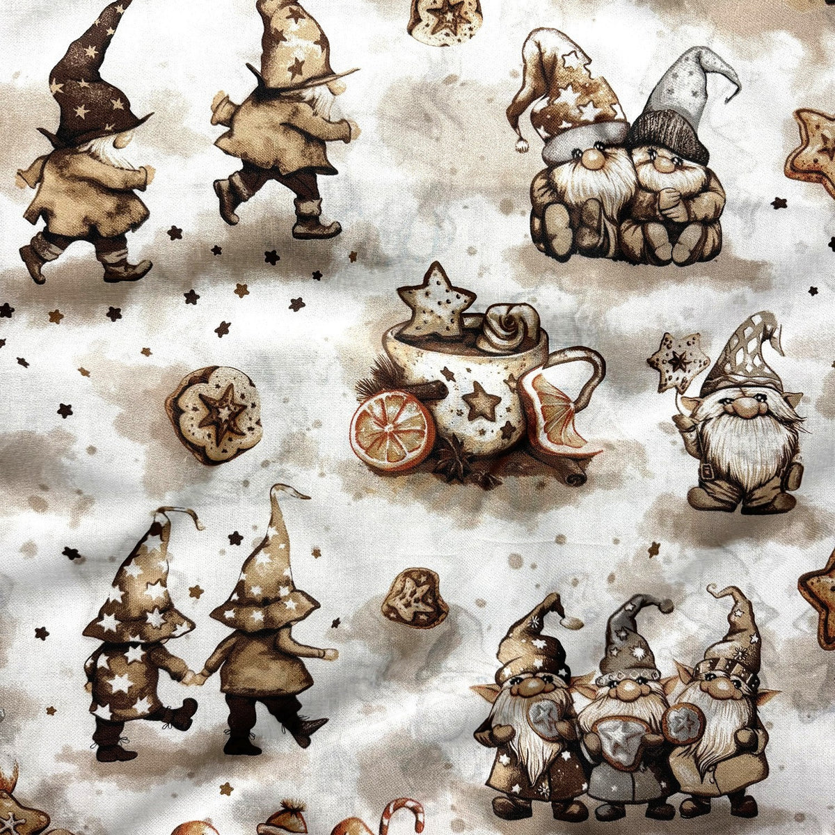 Cotton Fabric - Beige gnomes and decorations