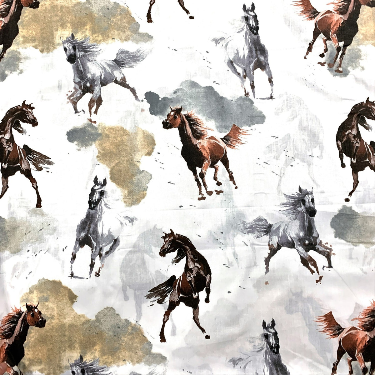 Cotton Fabric - Brown and Grey Horses