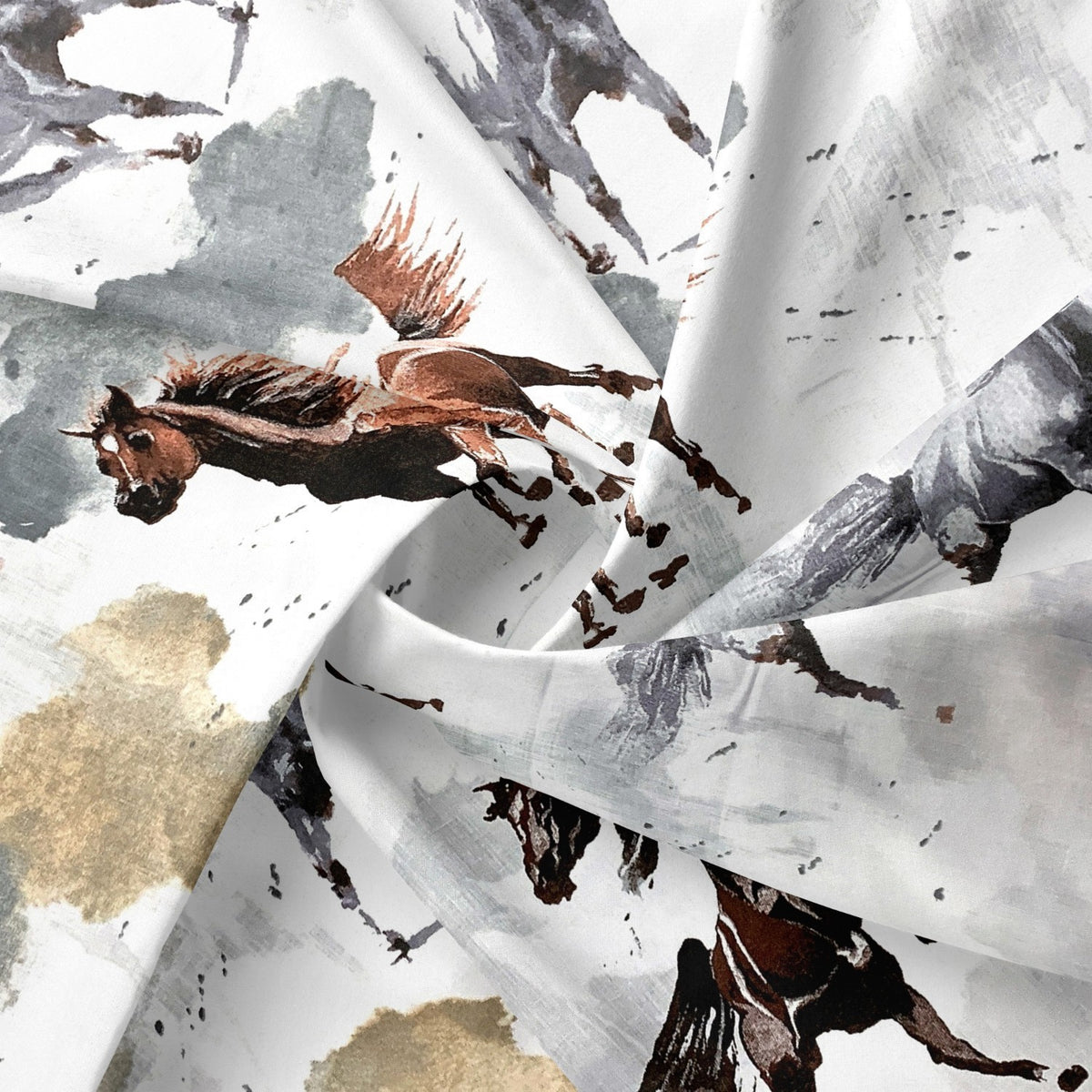 Cotton Fabric - Brown and Grey Horses