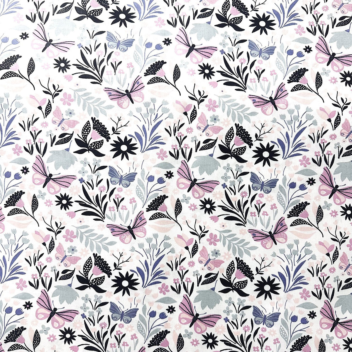 Cotton Fabric - Butterflies, Purple and pink