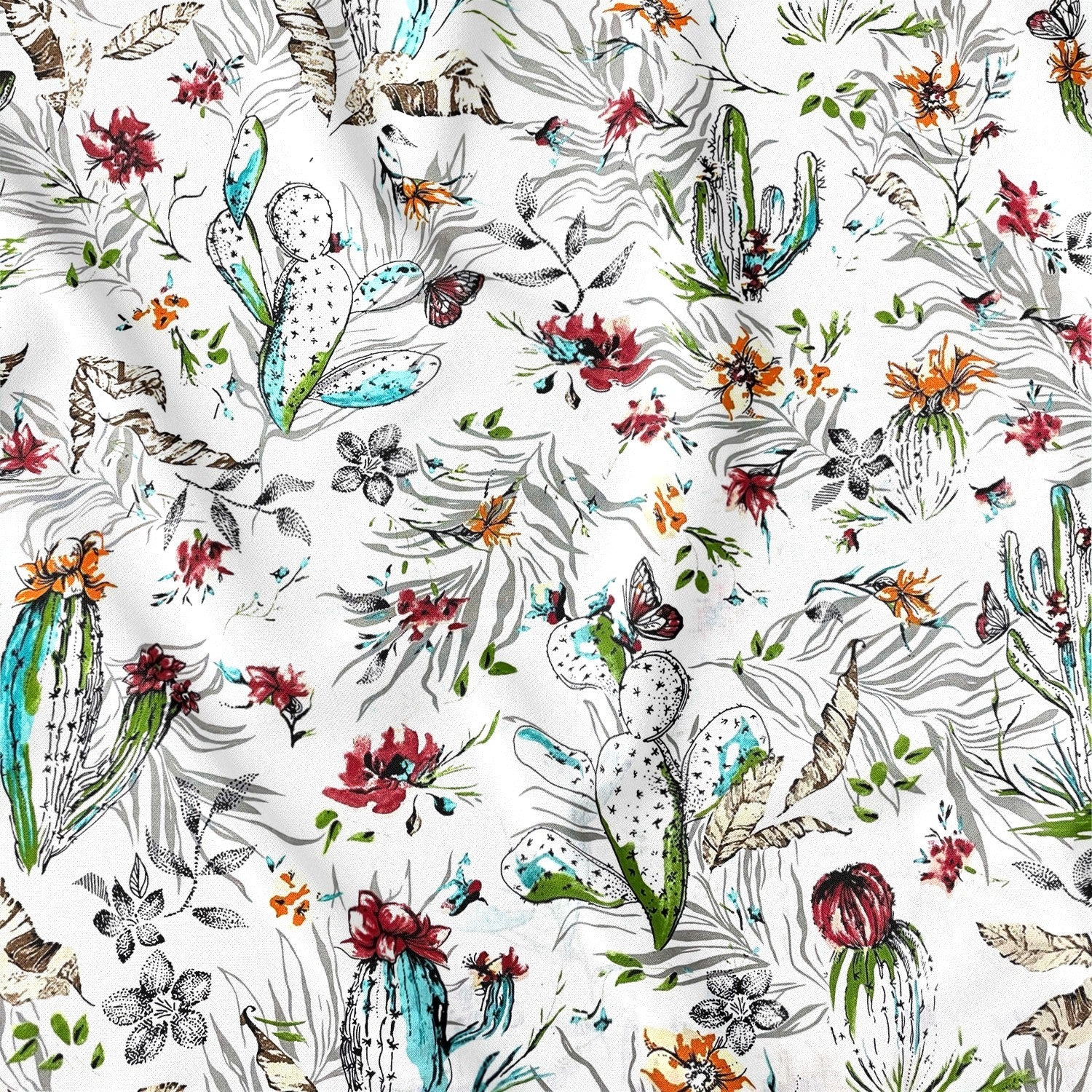 Cotton Fabric - Cactus And Flowers On White