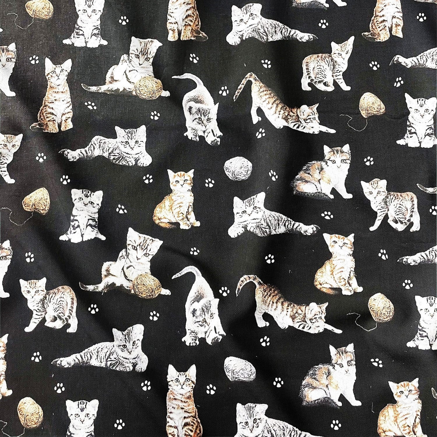 Cotton Fabric - Cats Paws and Yarn on Black