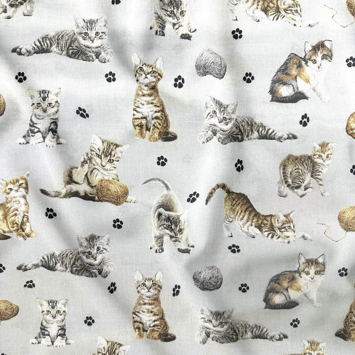 Cotton Fabric - Cats Paws and Yarn on Light Gray
