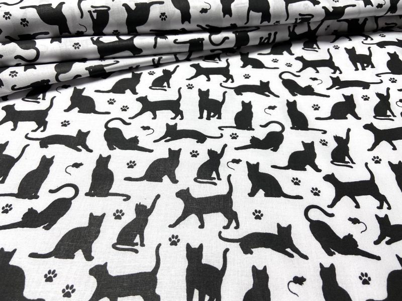 Cotton Fabric - Cats and Paws on White