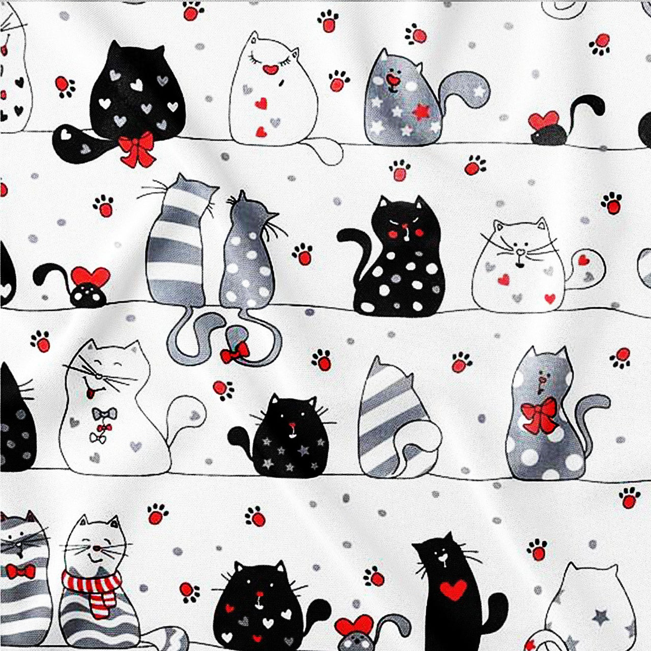 Cotton Fabric - Cats on a Line White