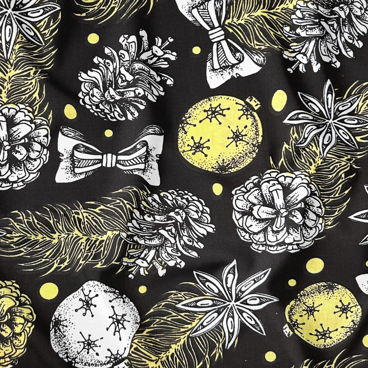 Cotton Fabric - Christmas Balls and Bells on Black