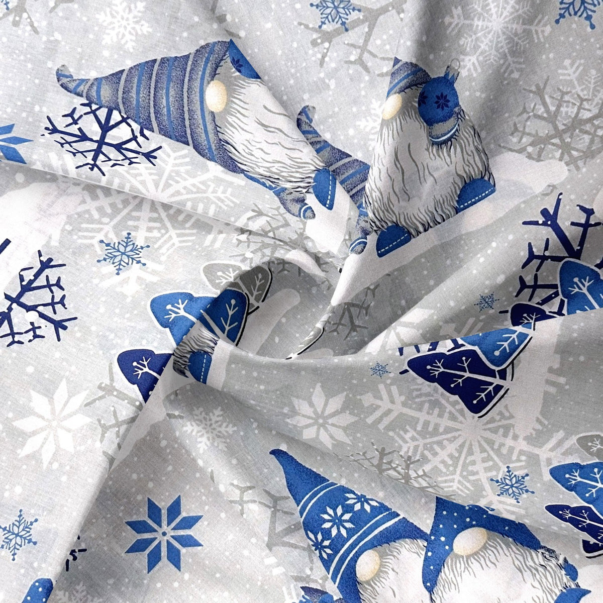Cotton Fabric - Christmas Blue Gnomes on Gray