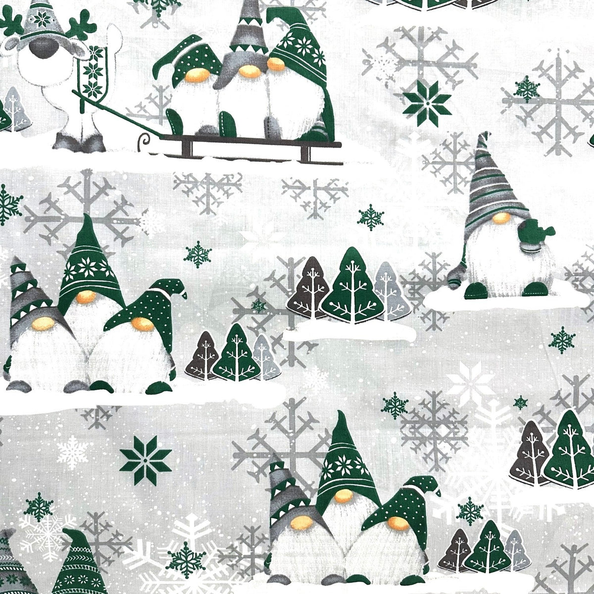 Cotton Fabric - Christmas Green Gnomes and Snowflakes on Gray