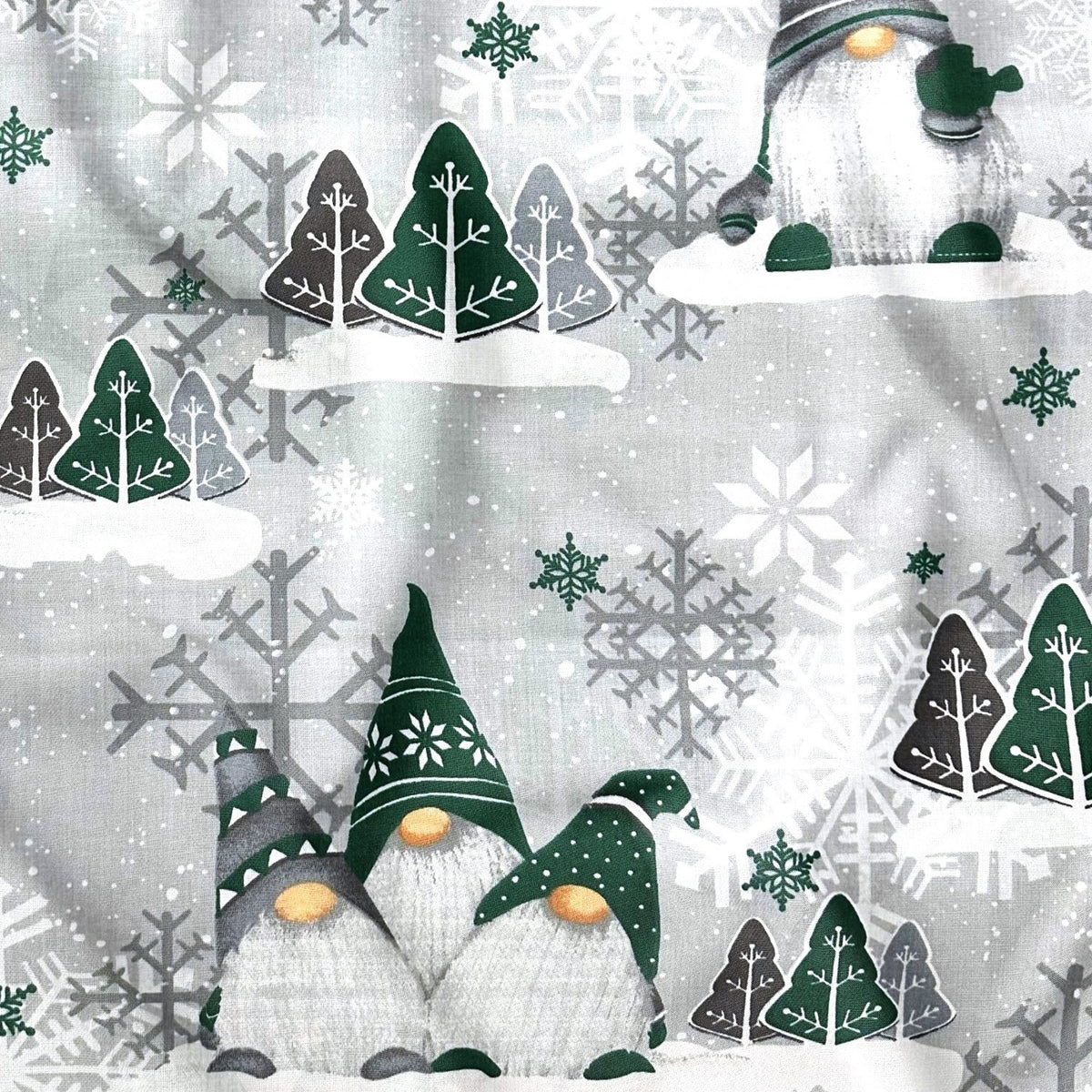 Cotton Fabric - Christmas Green Gnomes and Snowflakes on Gray