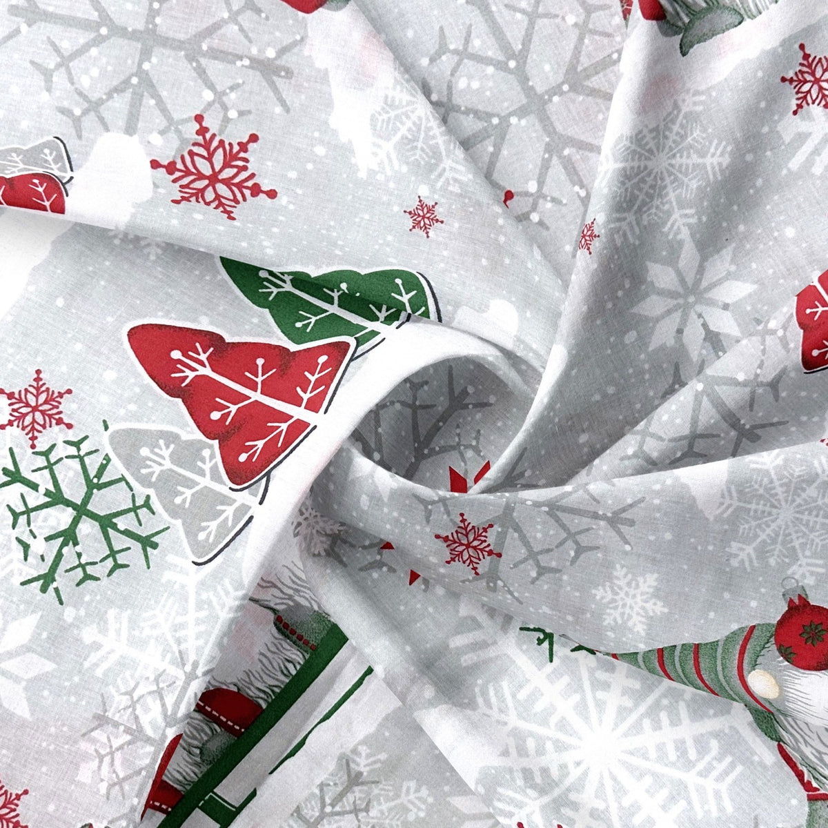Cotton Fabric - Christmas Red and Green Gnomes on Gray