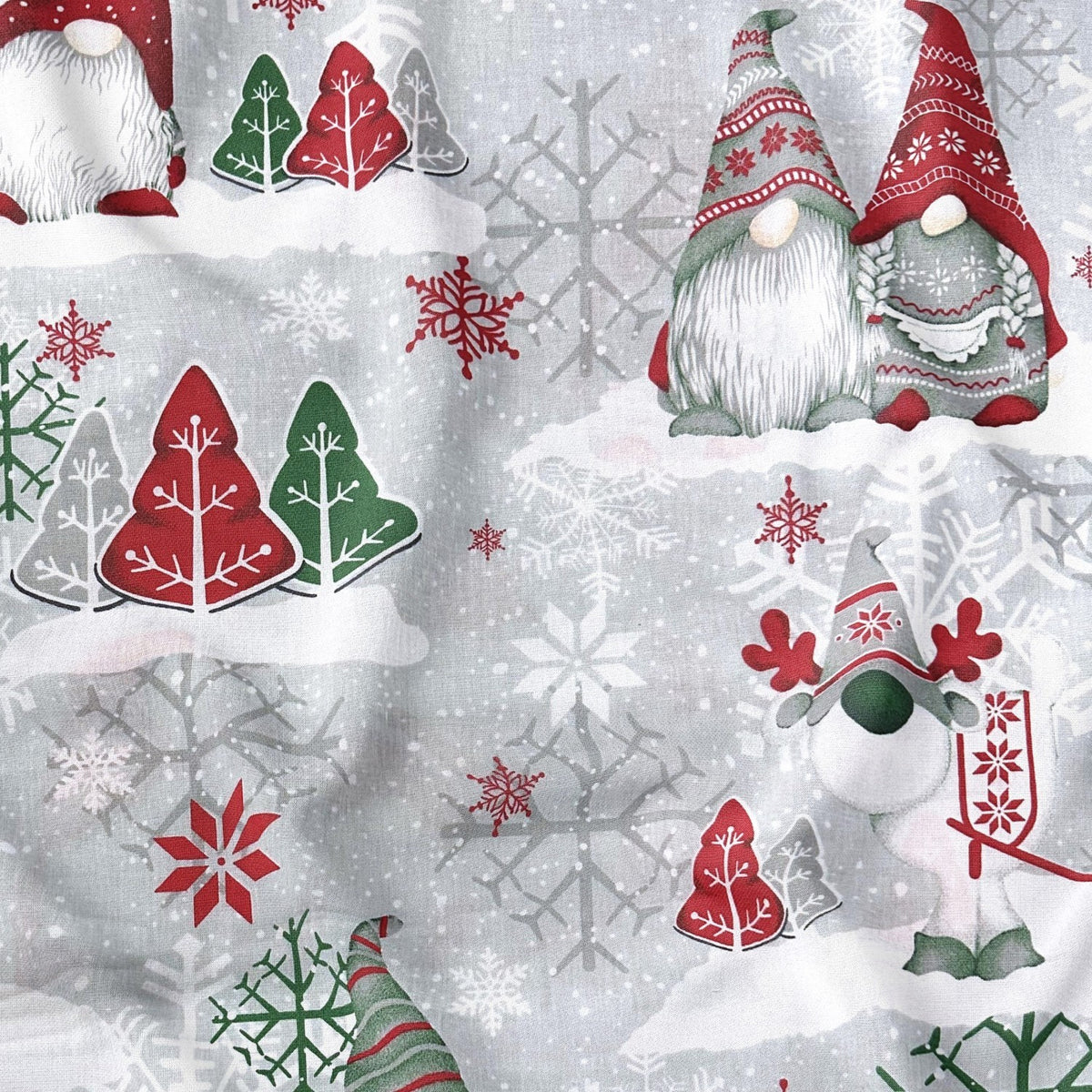 Cotton Fabric - Christmas Red and Green Gnomes on Gray