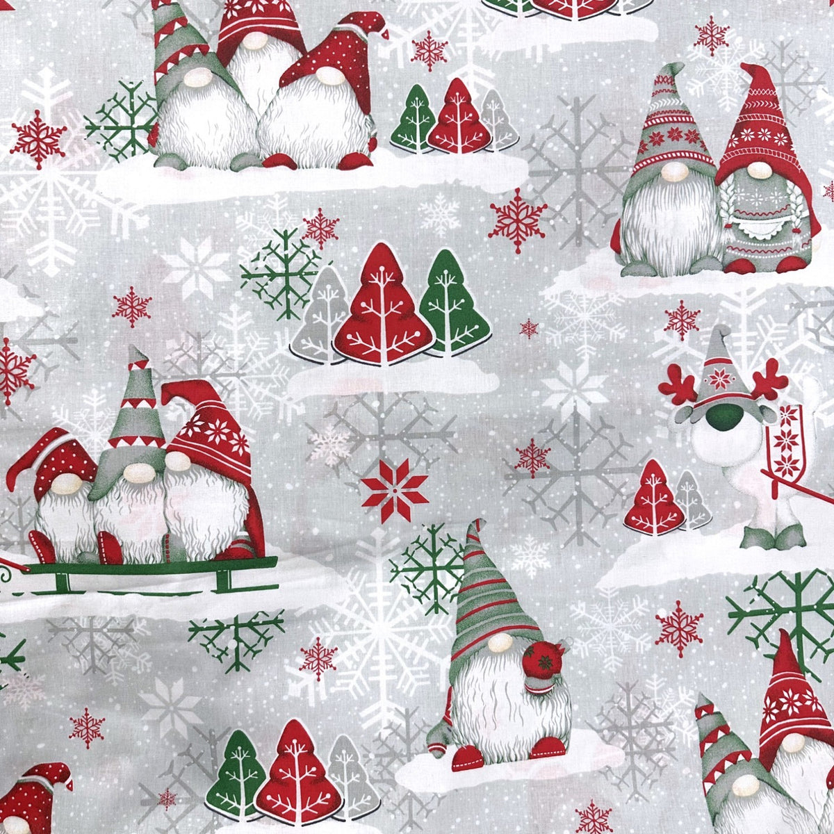 Cotton Fabric - Christmas Red and Green Gnomes on Gray