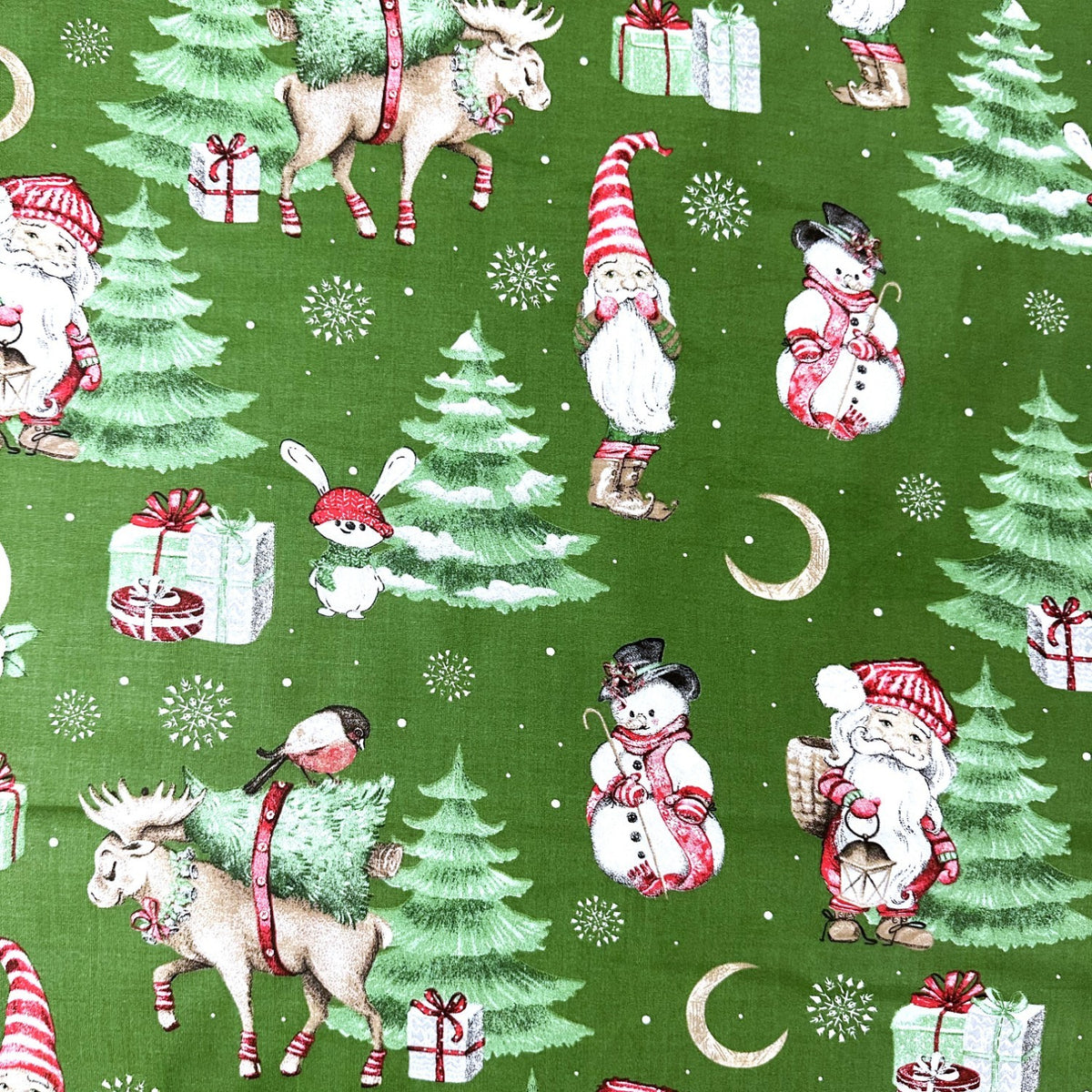 Cotton Fabric - Christmas Reindeer and Santa Claus, Green