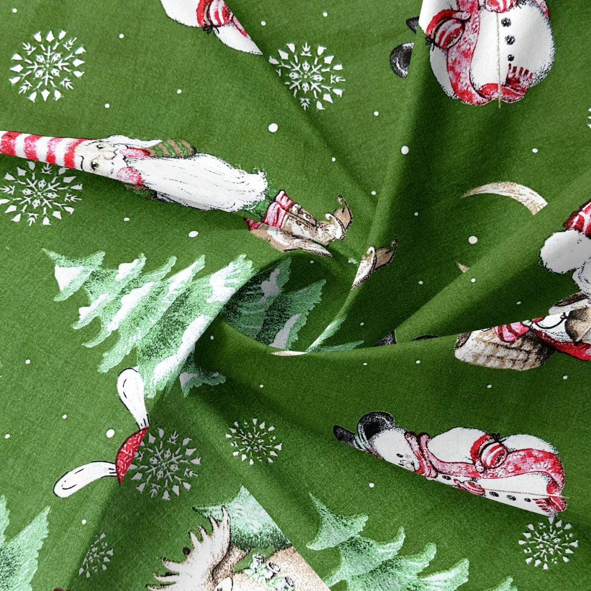 Cotton Fabric - Christmas Reindeer and Santa Claus, Green