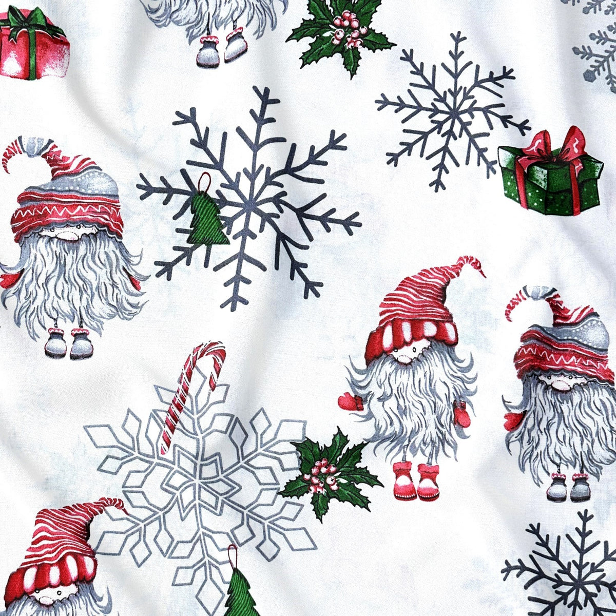 Cotton Fabric - Christmas Santa Clause and Snowflakes on White
