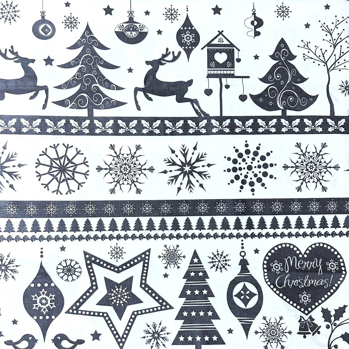 Cotton Fabric - Christmas Trees and Reindeer Grey on White